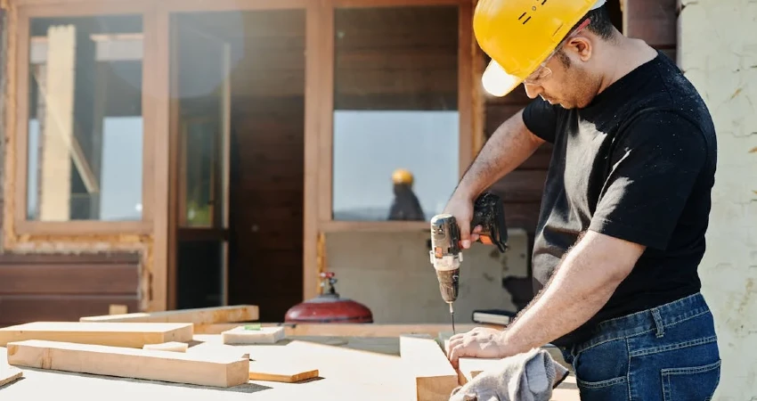 man uses a power drill on a wooden plank