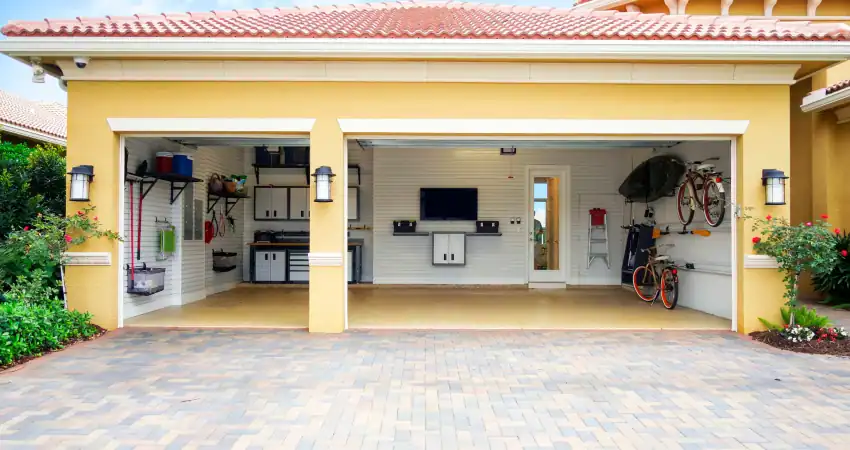 yellow house with open garage doors