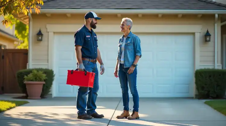 garage door repair technician speaking with a homeowner