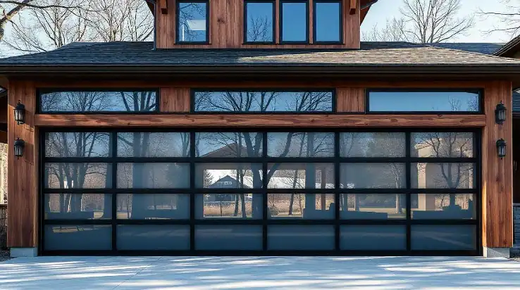 wooden house with glass garage doors