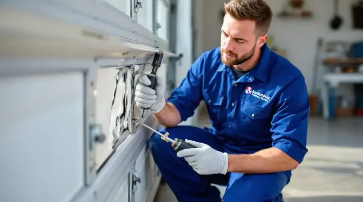 A garage door technician is actively repairing a damaged garage door panel