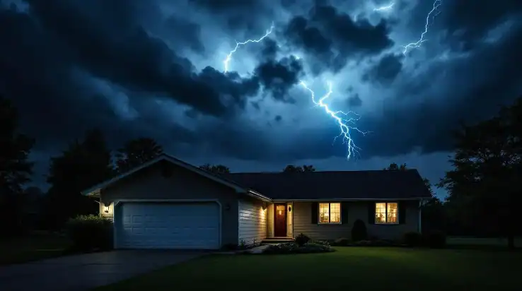 A house with a white garage door is depicted during a storm