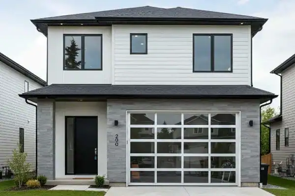 two-story house with a glass garage doors