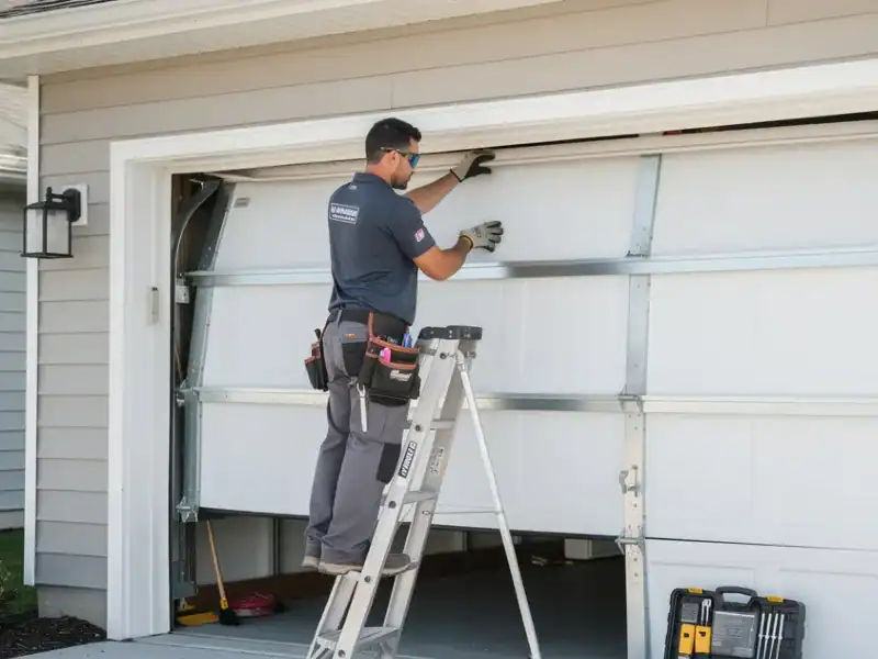A man is installing a new garage door at a home