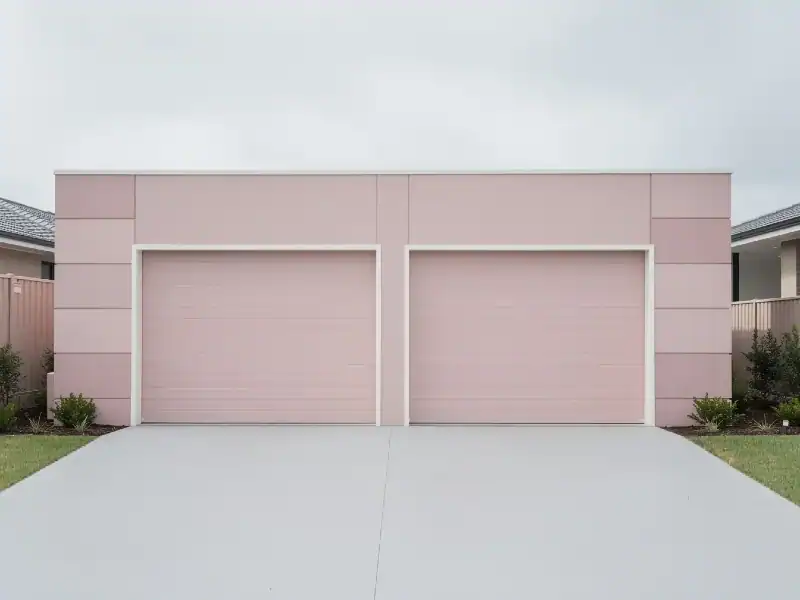 a stylish pink garage door that enhances the home's exterior