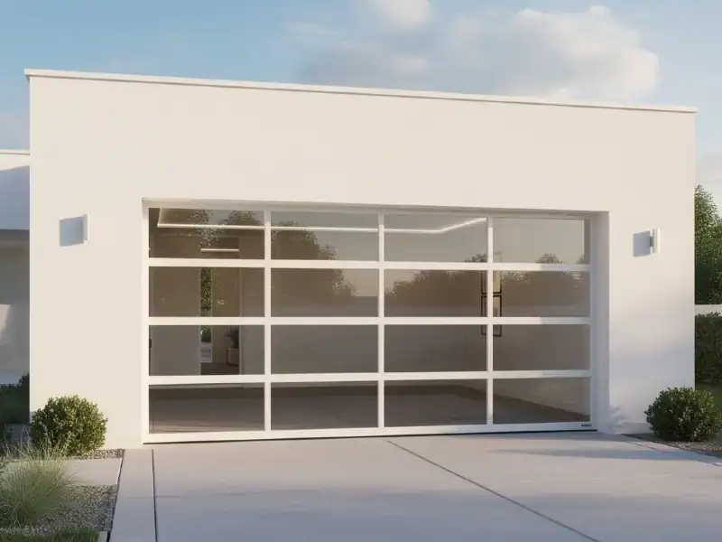 modern white house with sleek glass garage doors
