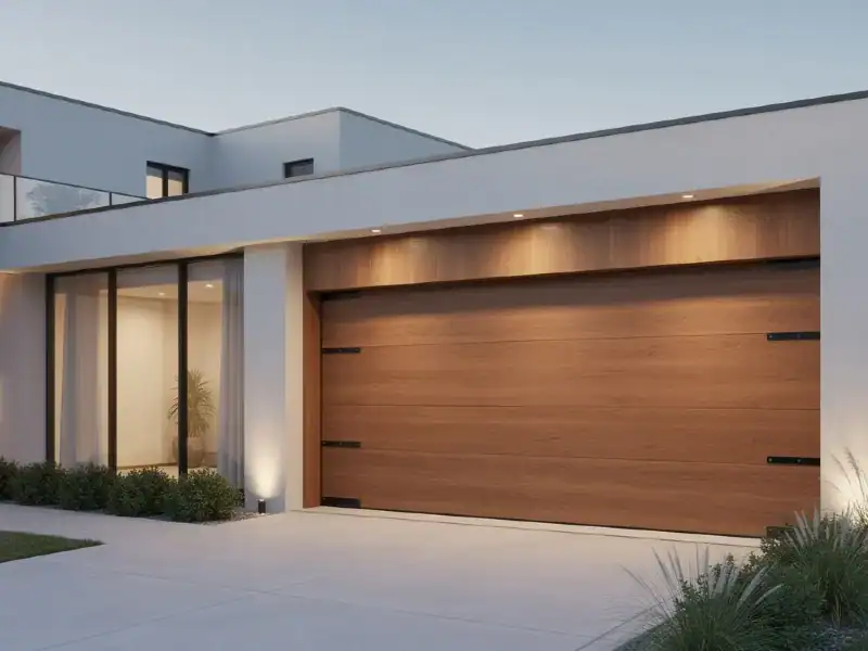 A stylish contemporary home featuring elegant wooden garage doors that showcase a classic swing open appearance, enhancing the home's exterior with a touch of charm and curb appeal.