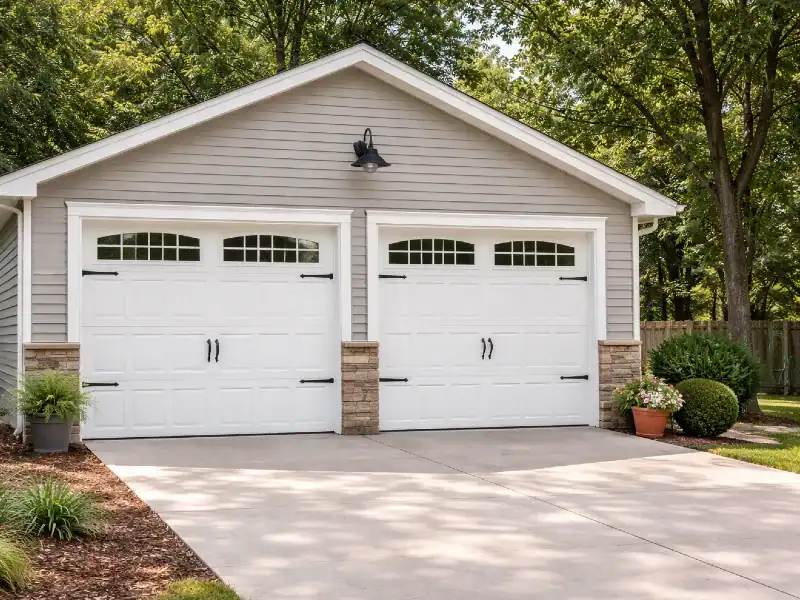 backyard garage with garden blooms
