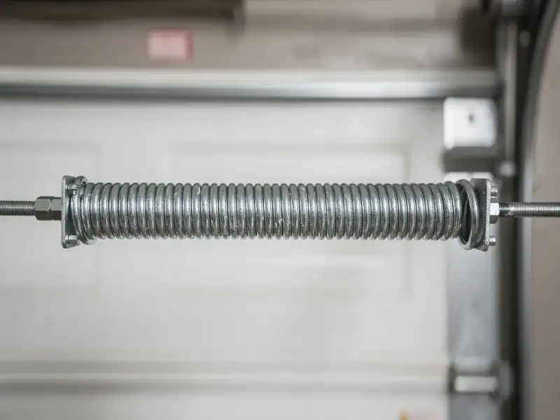 shows a close-up view of a garage door spring