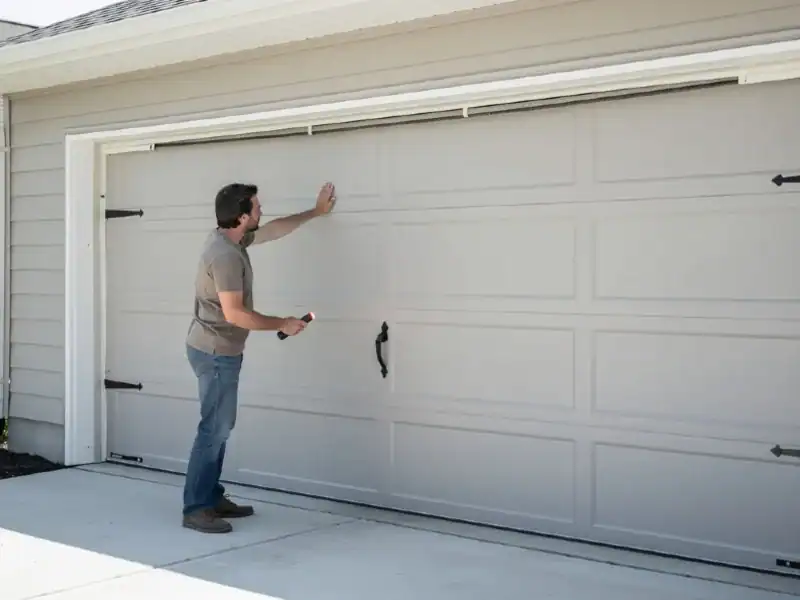 a homeowner inspecting their garage door