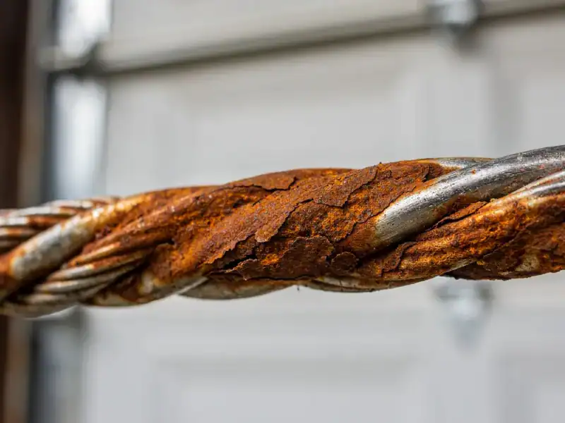 rust on a broken garage door cable